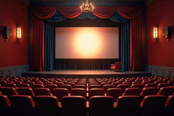 Empty theater with red seats and lighted stage awaiting audience