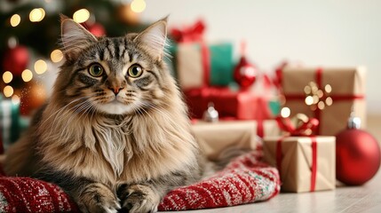 Festive Cat Amidst Gifts and Holiday Decorations