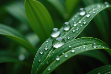 Naklejka premium Water droplets resting on vibrant green leaves