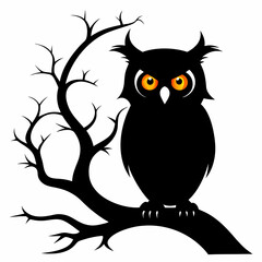 An owl perched on a creepy tree branch silhouette vector illustration on white background