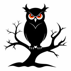 An owl perched on a creepy tree branch silhouette vector illustration on white background