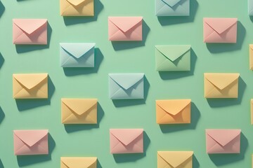 Three dimensional pattern of rows of pastel colored envelopes flat laid against green background