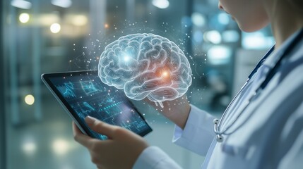 A closeup of young doctor with a stethoscope touching the brain image modal on touchscreen at blurred background. The mental health concept.