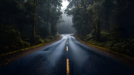 Fototapeta premium 86. An empty road leading through a dense forest, creating a sense of adventure