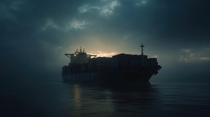 Fototapeta premium A cargo ship navigates through foggy waters at dawn, silhouetted against the light.