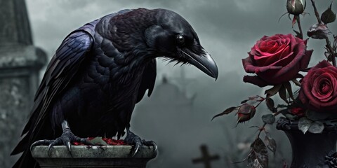 A solitary raven perched on a weathered tombstone beside blooming red roses in a moody graveyard at dusk