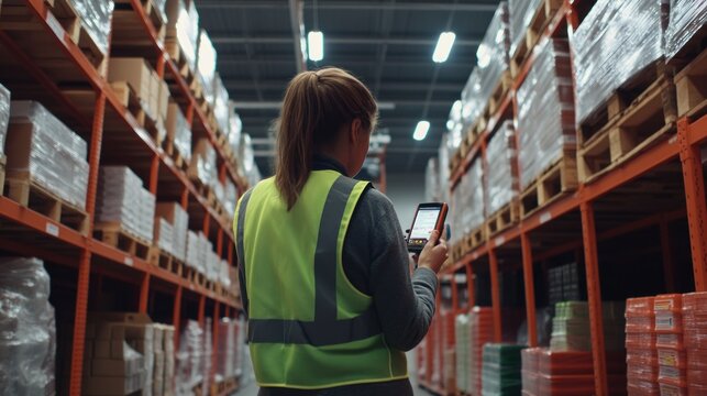 A warehouse worker uses a handheld device while surrounded by shelves of products.
