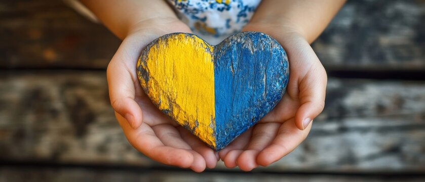 In a heartfelt display of support, a person cradles a wooden heart painted with the Ukrainian flag's blue and yellow colors, showcasing patriotism and love