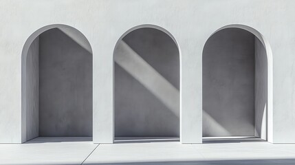 Three arched doorways in a white wall.