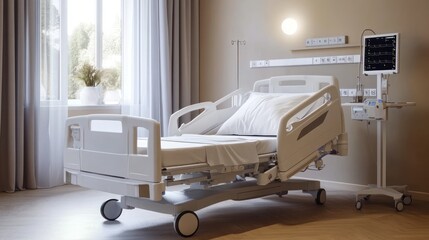 A modern hospital room featuring a patient bed and medical equipment.