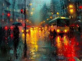 Rainy Cityscape at Night - A View Through a Wet Window