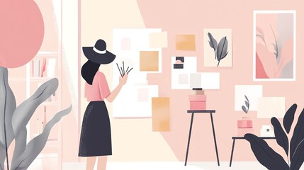 A woman wearing a pink shirt and black skirt stands in front of a wall and places pins on a poster, surrounded by other posters.