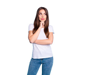 Portrait of nice-looking attractive lovely lovable curious sweet straight-haired girlfriend...