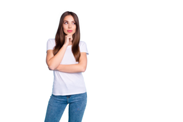 Portrait of nice-looking attractive lovely lovable curious sweet straight-haired girlfriend thinking creating new plan copy space isolated over bright vivid shine blue green teal turquoise background
