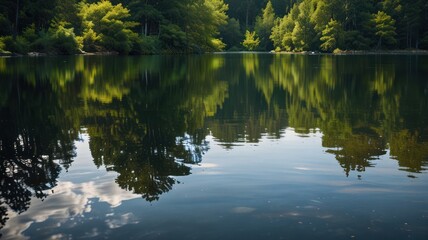 Calm, still lake water reflects the surrounding lush green trees and a bit of sky.