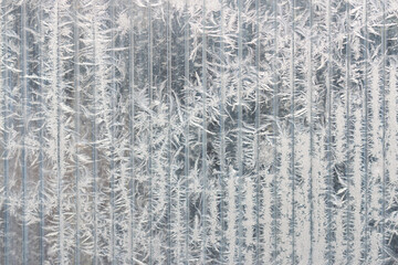Pictorial frost pattern on translucent plastic surface. Copy space.