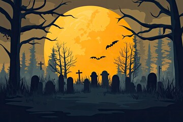halloween cemetery in front of woodlands with full moon with generative ai