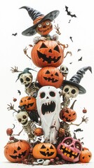 A scene of Halloween joy with skeletons, carved pumpkins, ghosts, bats, and witches, symbolizing a fun and spooky holiday celebration.