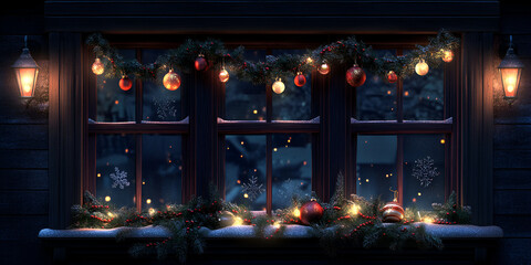 Obraz premium Cozy Winter Window with Festive Decorations and Snow Outside