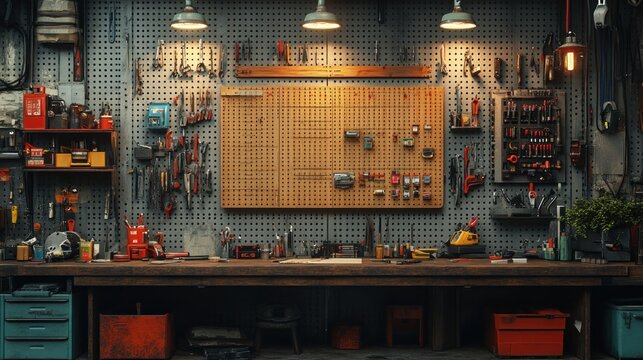 A well-organized workshop with tools and equipment for projects.