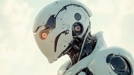 Fototapeta premium A Close-Up of a White Robot's Head with a Glowing Orange Eye