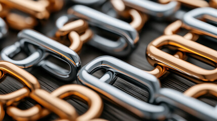 Close-up view of interlocked metallic chain links in bronze and silver colors on a textured surface.