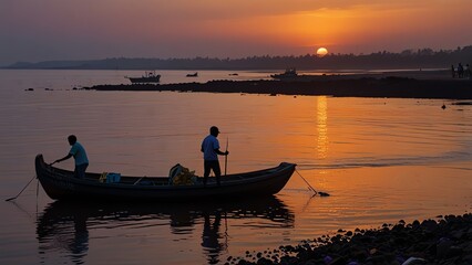 a man is standing in a boat with the sun setting behind him.