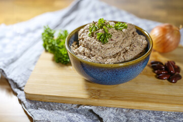 Vegan plant-based dip that is reminiscent of liver sausage, homemade from kidney beans, tofu, onion...