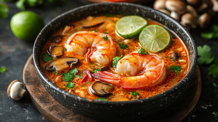 Tom yam kung spicy soup in black bowl Thai food
