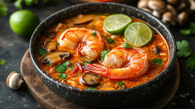 Tom yam kung spicy soup in black bowl Thai food