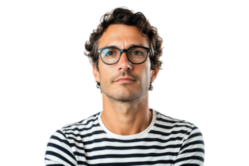 Portrait of a man in glasses showing a contemplative expression in a striped t-shirt on a transparent background