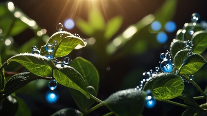 a plant with blue lights and green leaves with the sun behind it.