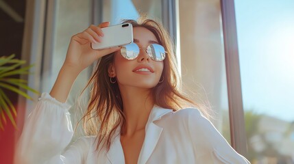 A young woman in sunglasses smiles as she uses her smartphone.