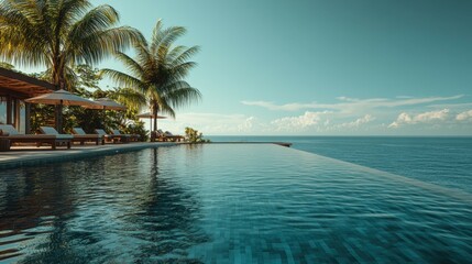 A high-end resort infinity pool overlooking a tropical ocean, with clear blue water, cabanas in the distance, and palm trees swaying in the breeze, creating a serene and luxurious setting with copy