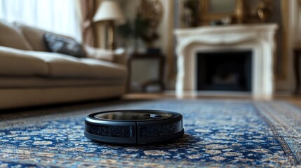 Fototapeta premium A robotic vacuum cleaner on a patterned rug in a well-furnished living room.