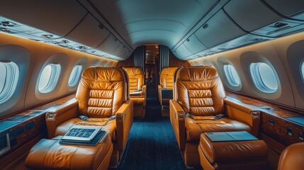 A first-class airplane cabin with spacious leather seating, polished wooden surfaces, and a personal entertainment system, creating an opulent atmosphere, with open areas for copy space