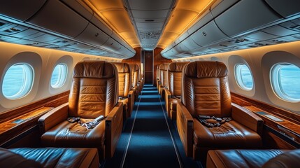 Fototapeta premium A first-class airplane cabin with spacious leather seating, polished wooden surfaces, and a personal entertainment system, creating an opulent atmosphere, with open areas for copy space