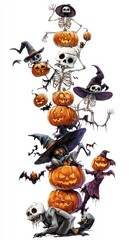 A scene of Halloween joy with skeletons, carved pumpkins, ghosts, bats, and witches, symbolizing a fun and spooky holiday celebration.