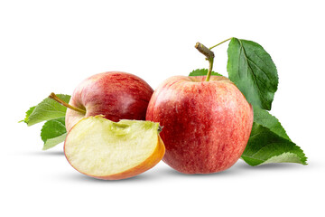Harvest of ripe red apples with a slice cut off on a white surface isolate