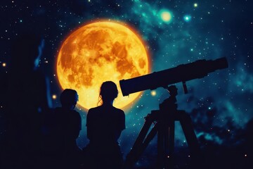 Obraz premium Silhouetted group watching glowing moon through telescope, starry night close up, focus on, copy space vibrant night sky, Double exposure silhouette with astronomy and wonder