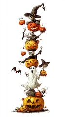 A creative Halloween display featuring a stack of carved pumpkins, skeletons in witch hats, ghosts, and bats, creating a whimsical and spooky scene.