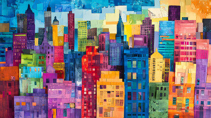 A Whimsical Cityscape Interpretation Through Torn Art, Showcasing Intricate Layers of Colorful Paper Creating a Playful Urban Environment