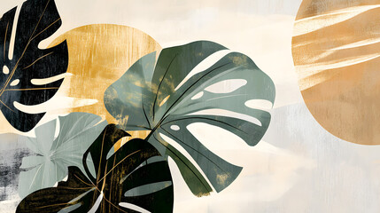 Modern Tranquil Abstract Artwork of a Monstera Plant Highlighting Elegant Geometric Styles