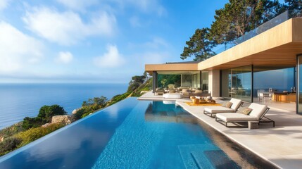 Fototapeta premium A breathtaking clifftop house featuring a modern infinity pool with an unobstructed ocean view, luxurious outdoor space with sun loungers and minimalist glass rail.