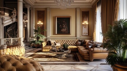 Fototapeta premium Luxurious Living Room with Sectional Sofa, Golden Accents, and Intricate Details