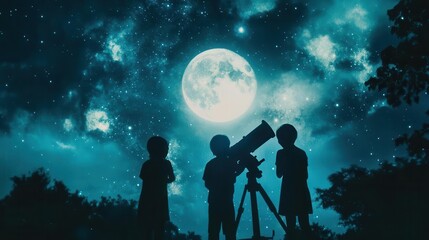 Obraz premium Silhouettes of three figures looking at bright moon through telescope