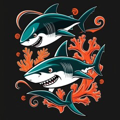 shark with corals on a black background