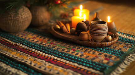Kwanzaa celebration setup with lit candles and traditional decor
