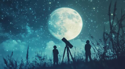 Silhouettes of three figures looking at bright moon through telescope