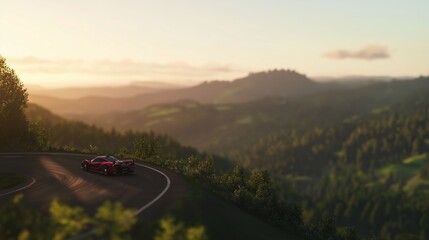 A sports car is driving on the winding mountain road, with green forests and mountains in the background